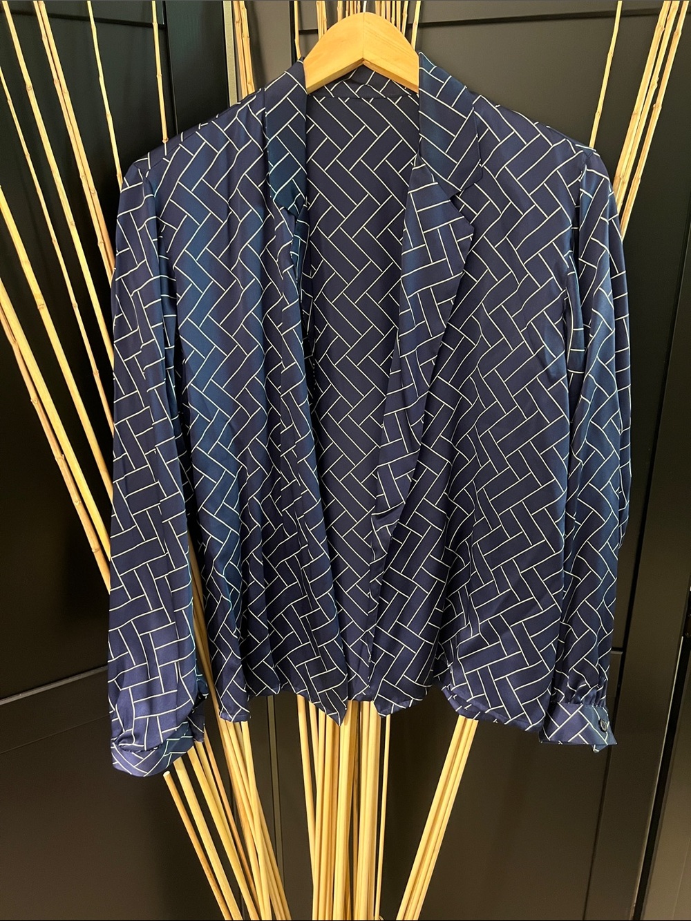 Navy Geometric Print 100% silk open Jacket shirt